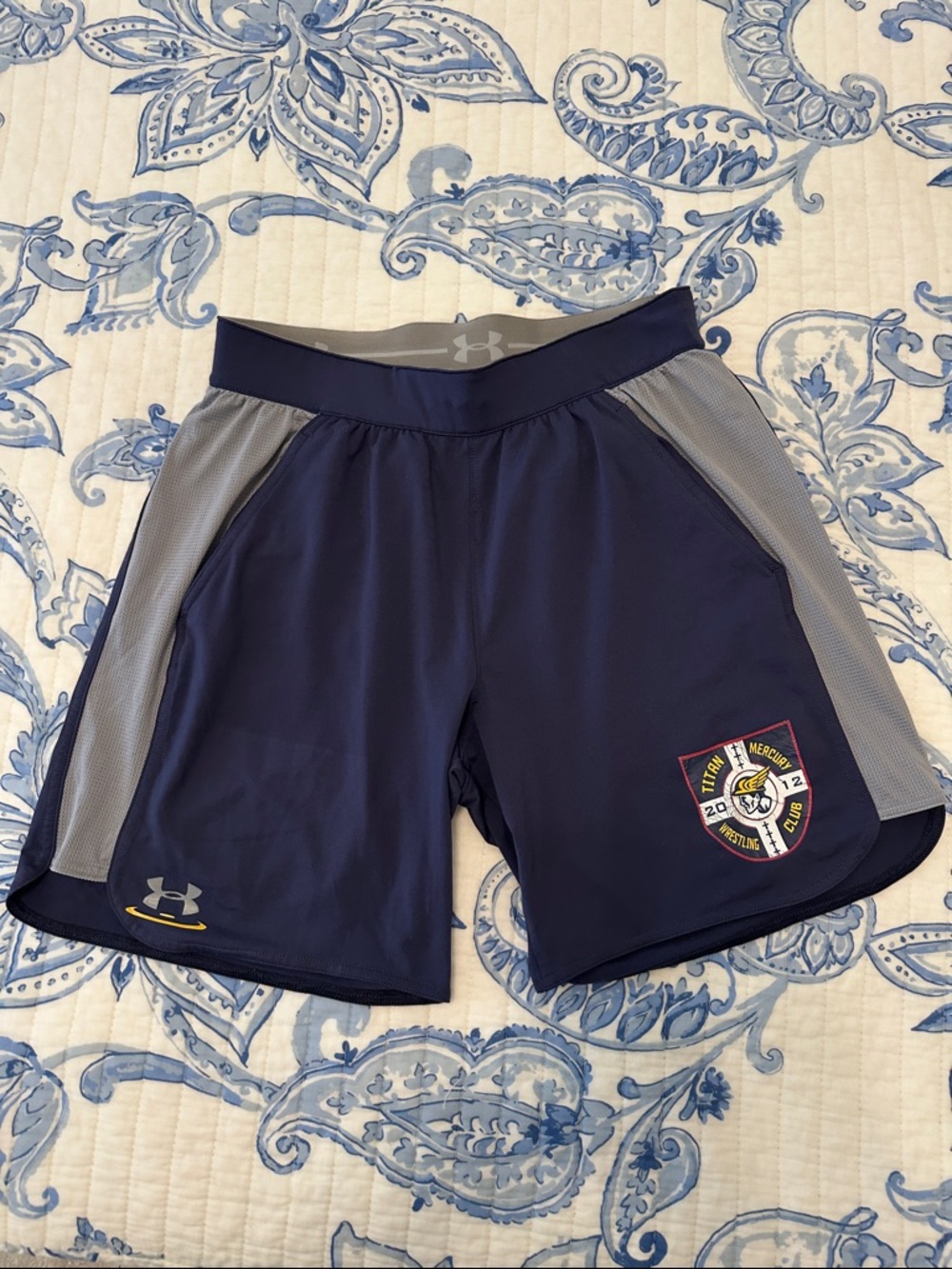 Under Armour Navy and Gray Athletic Training Shorts with Team Patch